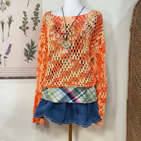 Orange Crochet Wide Long Sleeves Sweater NWT Whimsy Twee Fairy Coastal Grandma M - Picture 1 of 8